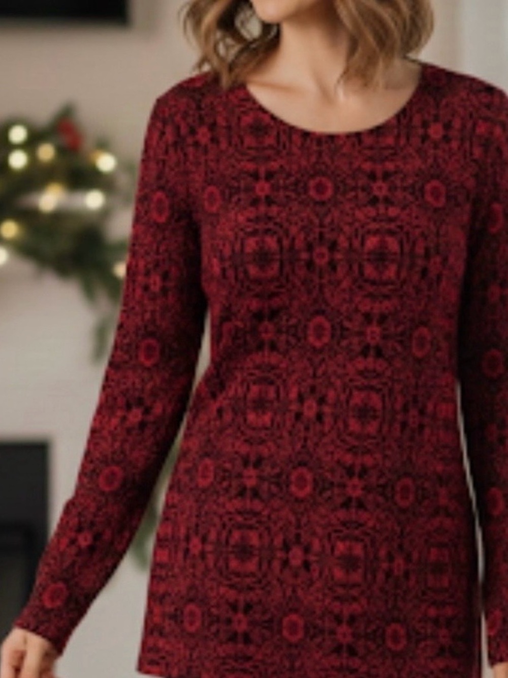 J Jill Tredblack Sweater Red Black Jacquard Sz XS Sparkly Beaded Damask